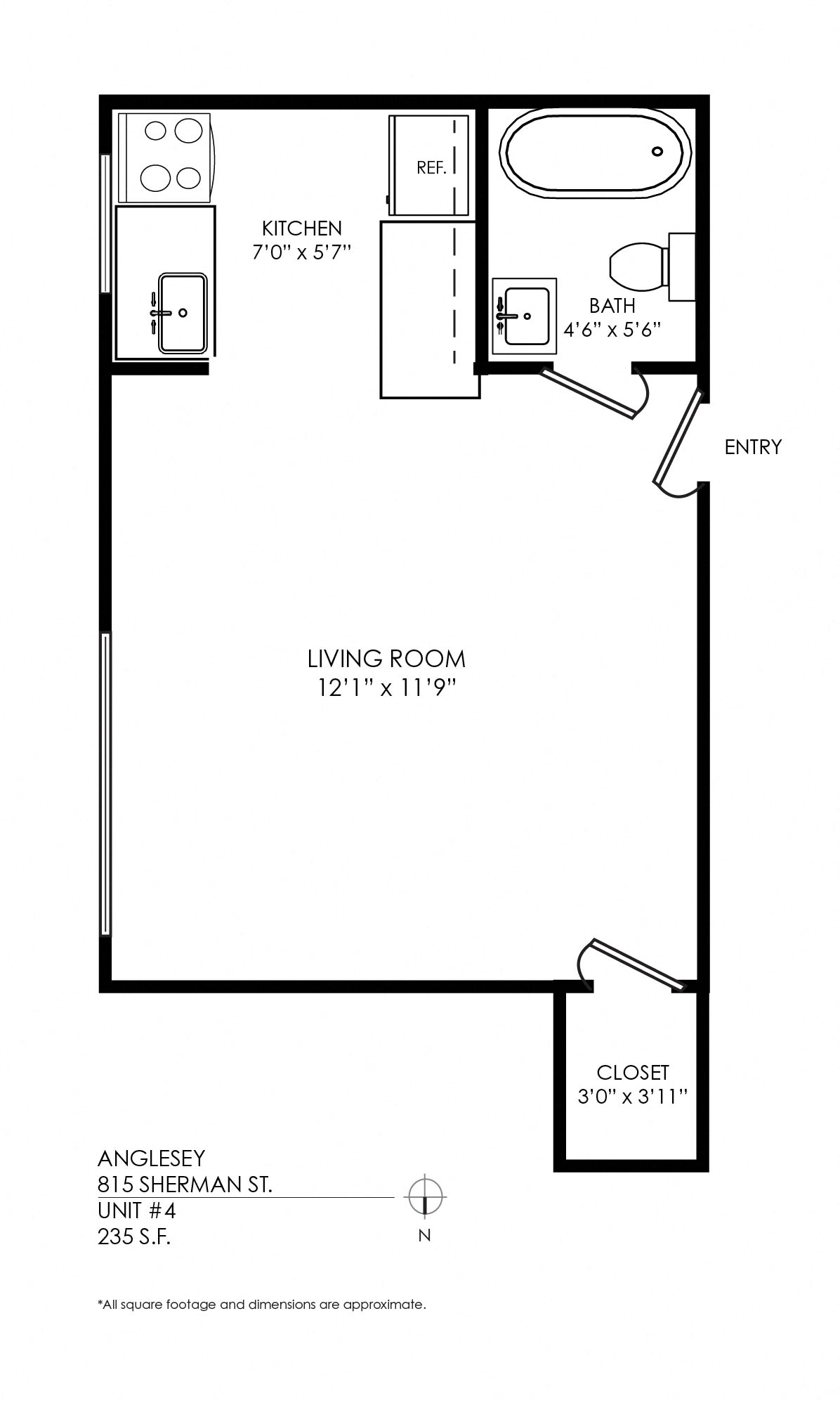 Floor plan for studio, 1 bath, 250 sqft
